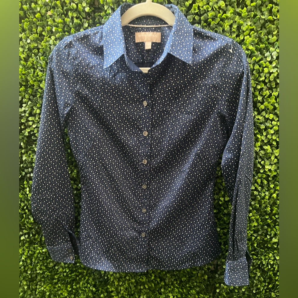 Banana Republic Navy Blue Button-Down Shirt with White Micro Dots